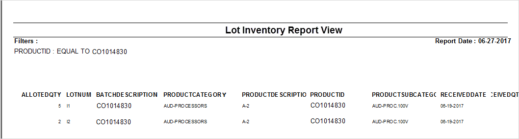 Lot Inventory Custom view to generate report showing the Lot Inventory